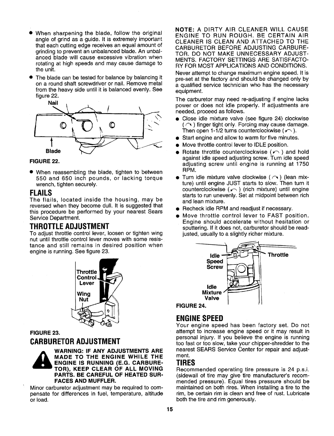 Craftsman 247.795950 manual Tires, Flails, Throttleadjustment, Carburetoradjustment, Enginespeed 