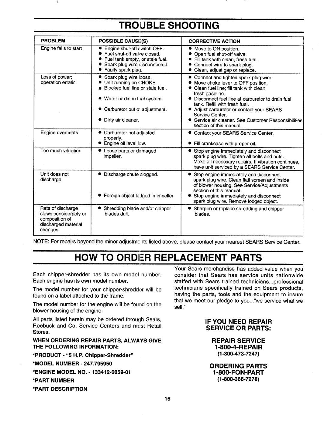 Craftsman 247.795950 manual Trouble Shooting, HOW to ORDI-R Replacement Parts, Part Number Part Description 