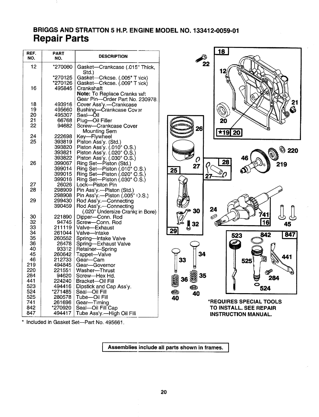 Craftsman 247.795950 manual Repair Parts, Assemblies include all parts shown in frames 