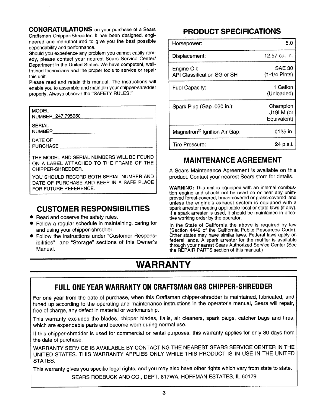 Craftsman 247.795950 manual Warranty, Customer Responsibilities, Product Specifications, Maintenance Agreement 