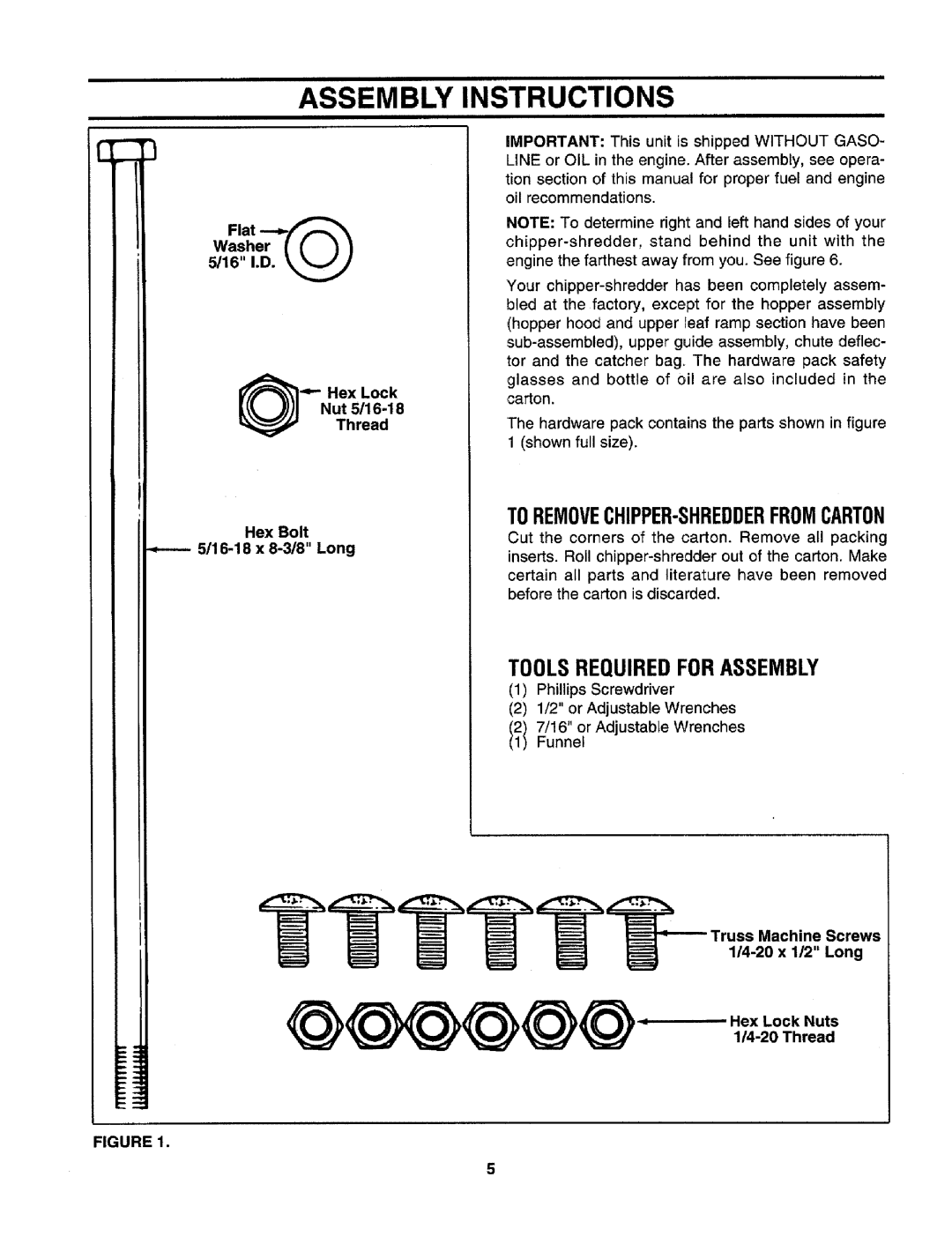 Craftsman 247.795950 manual Assembly Instructions, Tools Requiredfor Assembly, Hex Bolt 16-18 x 8-3/8 Long 