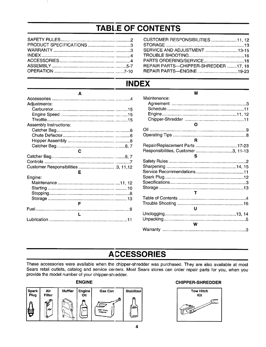 Craftsman 247.795950 manual Tabi.E, Of Contents, Index, Accessories, Engine, Chipper-Shredder 