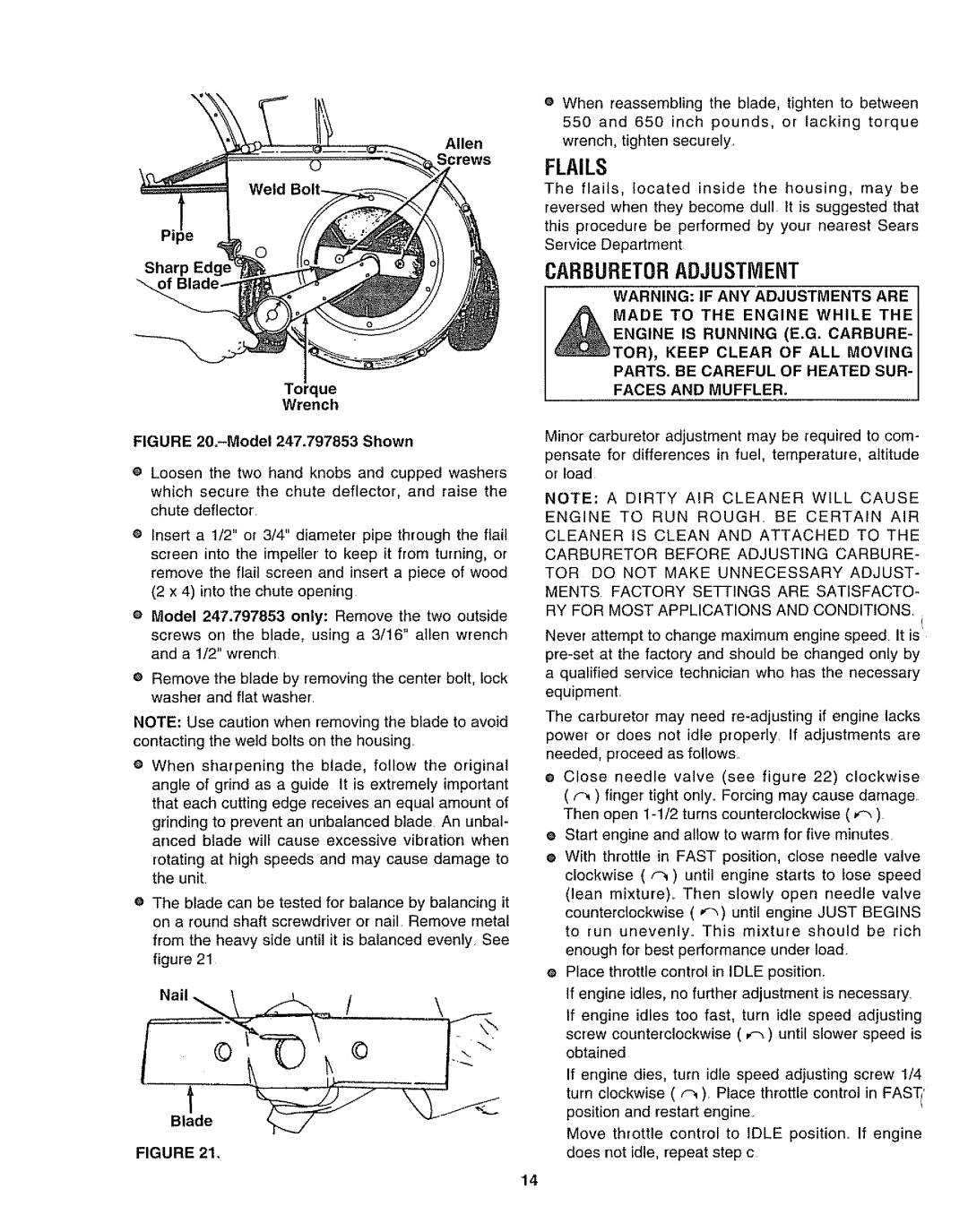 Craftsman 247.797853, 247.797852 manual Flails, Carburetoradjustment, Allen Screws Sharp Torque Wrenctl, Bl!de 