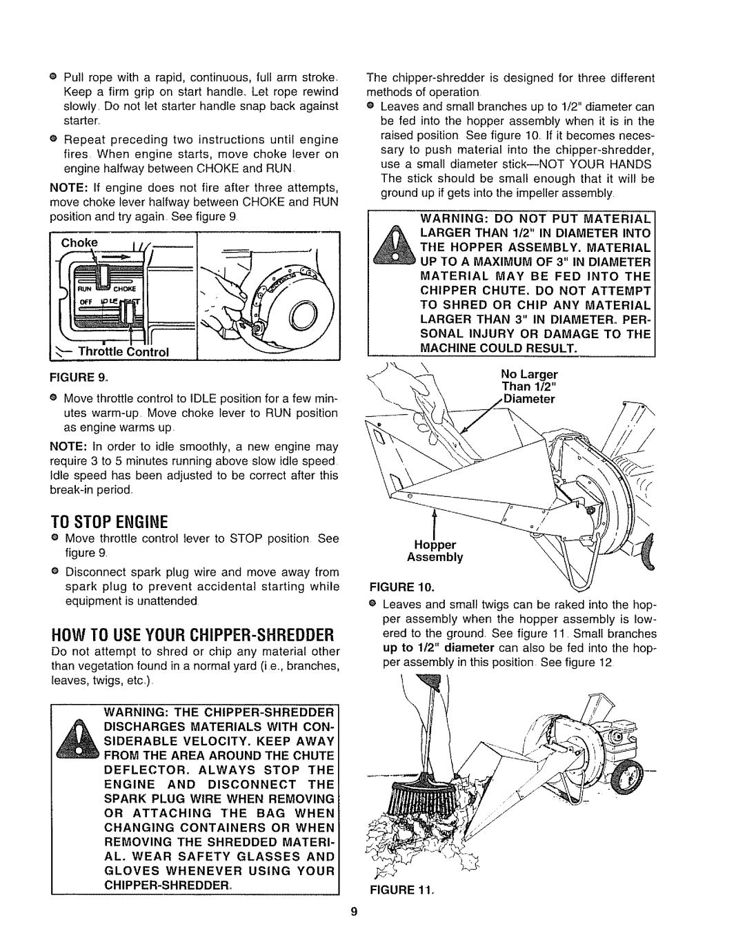 Craftsman 247.797852 manual To Stopengine, Howto USEYOURCHIPPER-SHREDDER, Throttle Control, No Larger, Hopper Assembly 