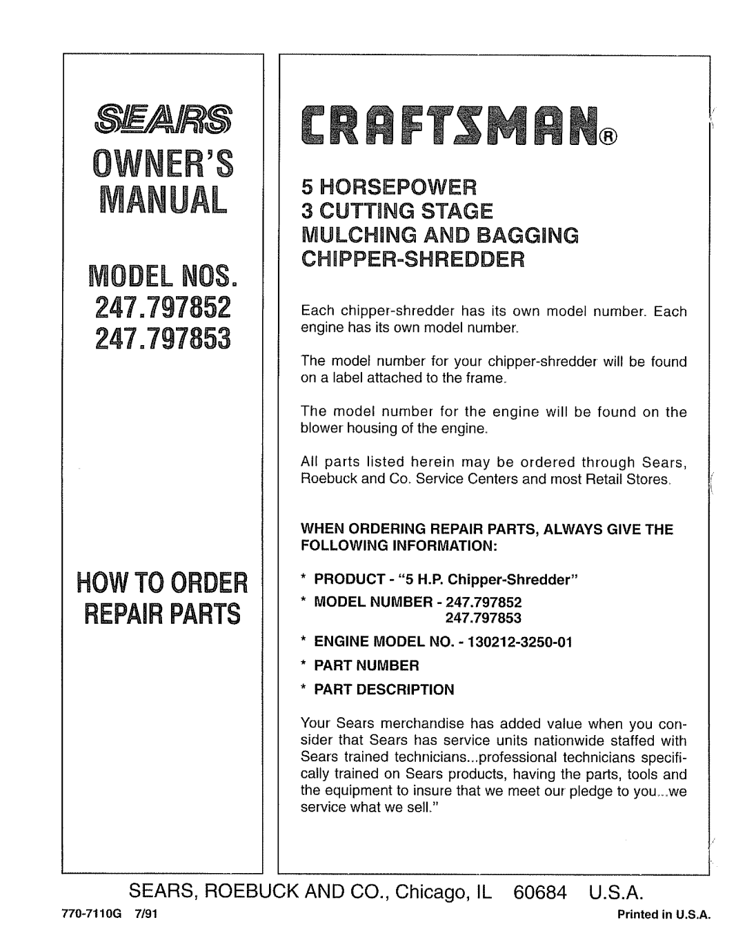 Craftsman 247.797853, 247.797852 manual HORSEPOWER 3 CUTTING STAGE MULCHING AND BAGGaNG, Chbpper-Shredder, Owners, Manual 