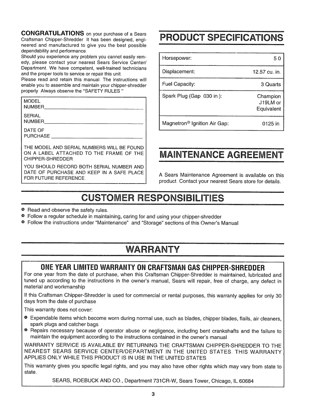 Craftsman 247.797852, 247.797853 manual Madntenance Agreement, CUSTOMER RESPONSUB LBTaES, Product Specrrcatrons, Warranty 