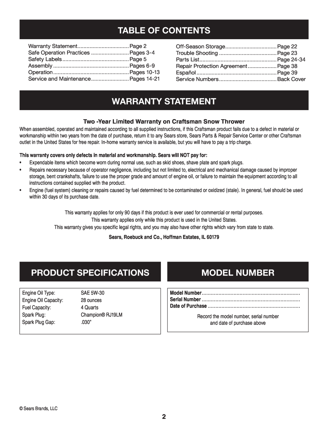 Craftsman 247.88045 manual Table Of Contents, Warranty Statement, Product Specifications, Model Number 