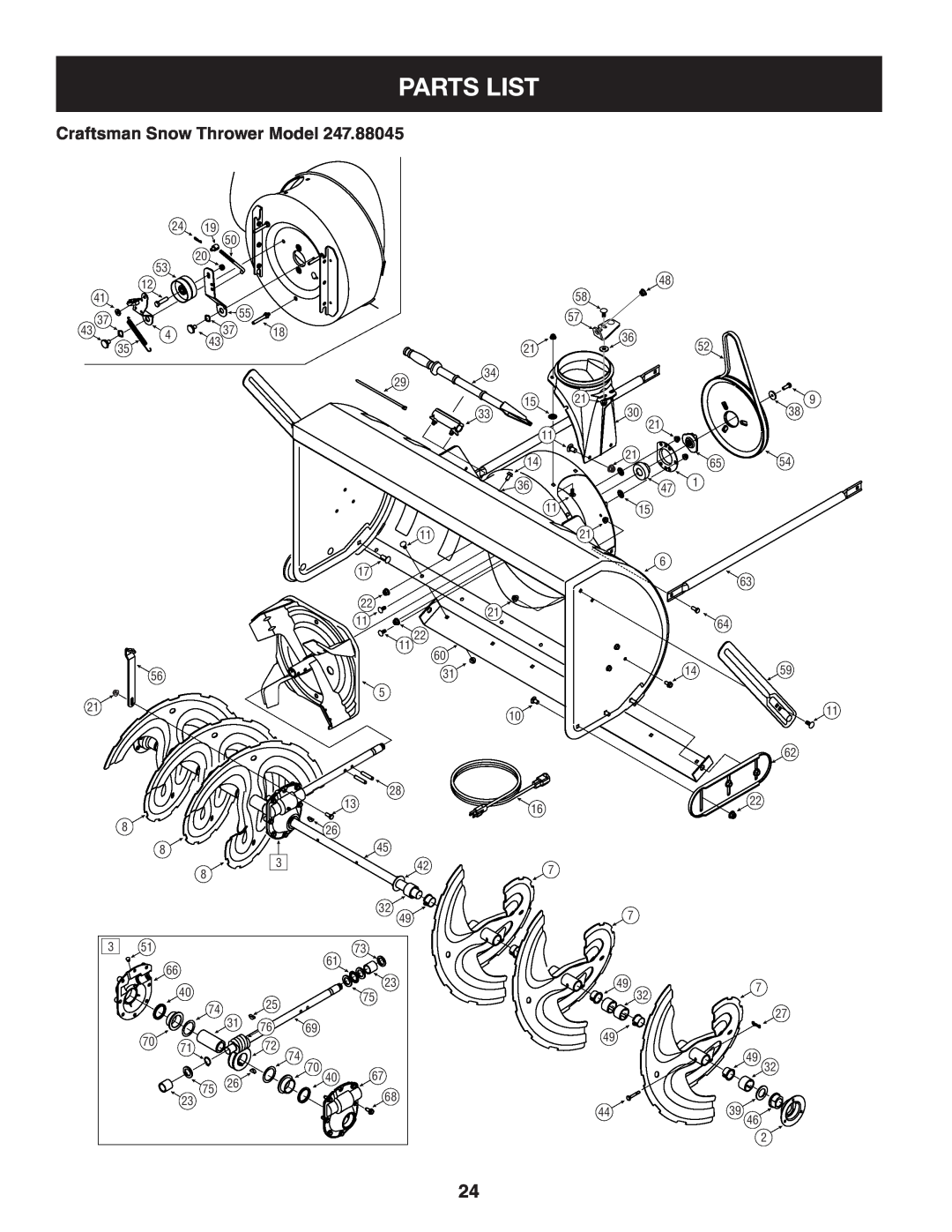 Craftsman 247.88045 manual Parts List, Craftsman Snow Thrower Model 