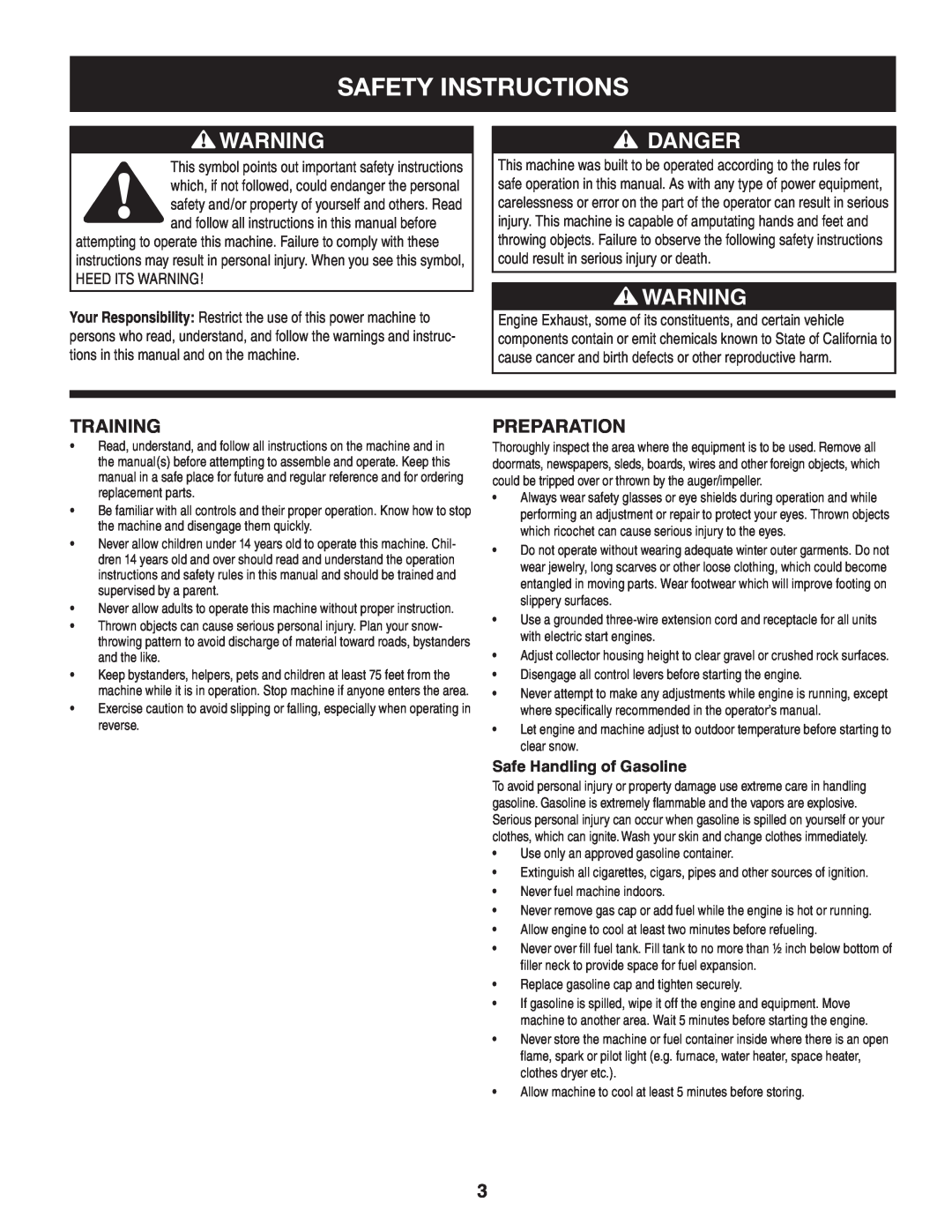 Craftsman 247.88045 manual Safety Instructions, Danger, Training, Preparation, Safe Handling of Gasoline 