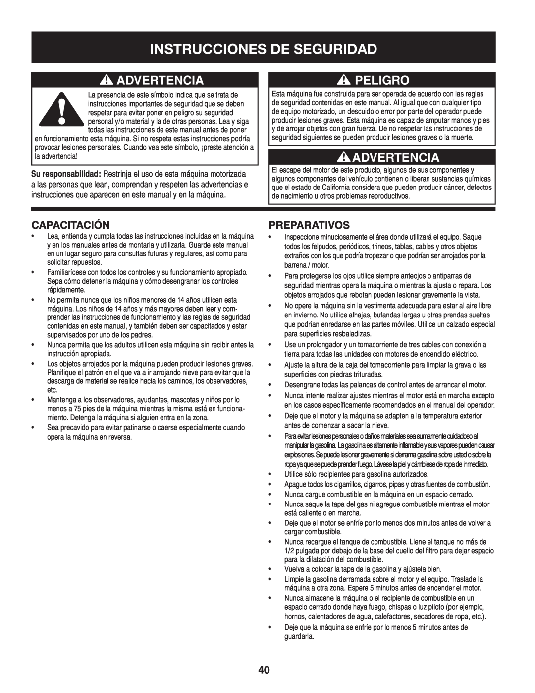 Craftsman 247.88045 manual Instrucciones De Seguridad, Advertencia, Peligro, Capacitación, Preparativos 
