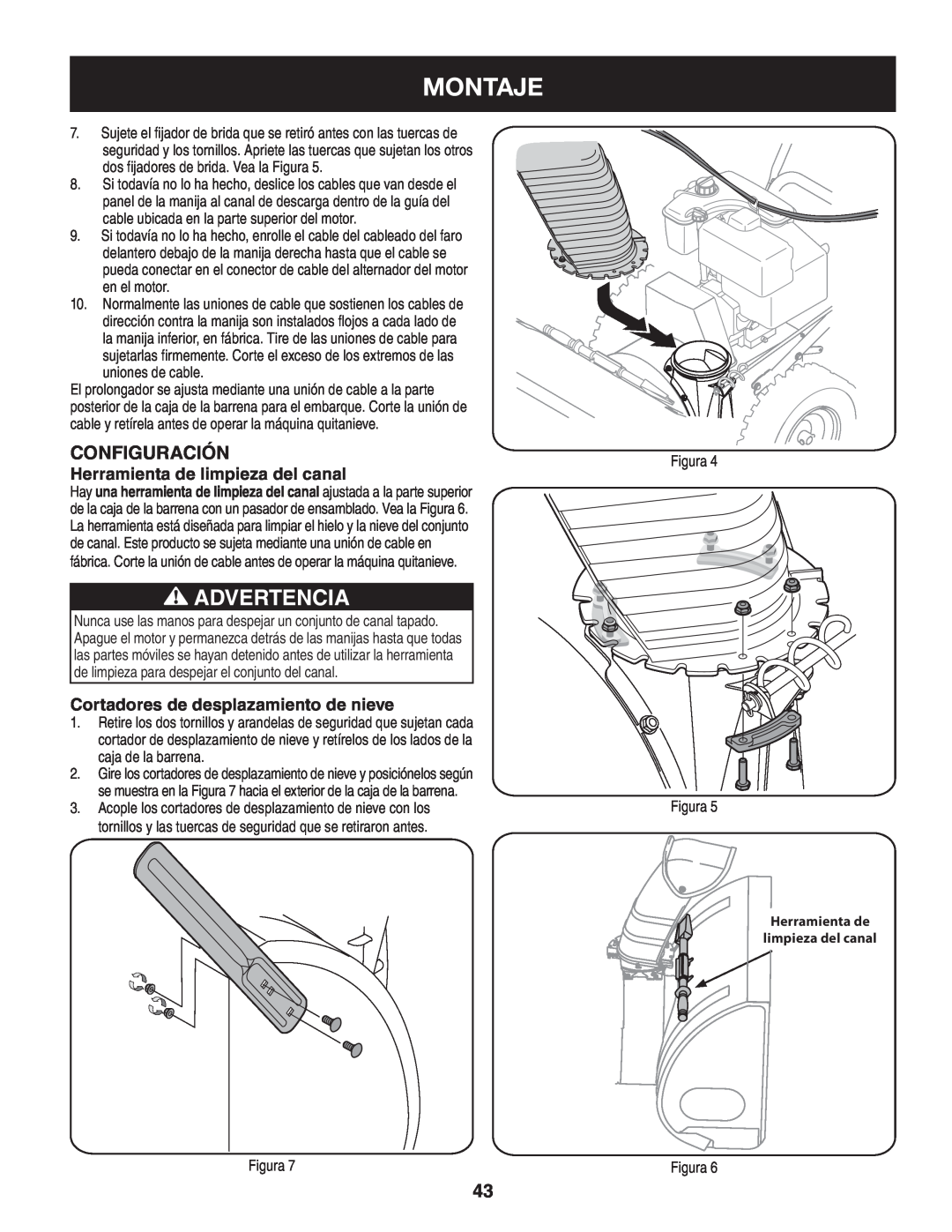 Craftsman 247.88045 manual Montaje, Advertencia, Configuración, Herramienta de limpieza del canal 