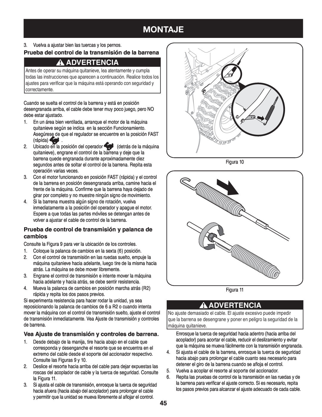 Craftsman 247.88045 manual Montaje, Advertencia, Prueba del control de la transmisión de la barrena 