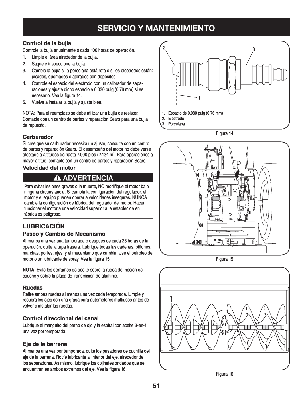Craftsman 247.88045 manual Servicio Y Mantenimiento, Advertencia, Lubricación, Control de la bujía, Carburador, Ruedas 