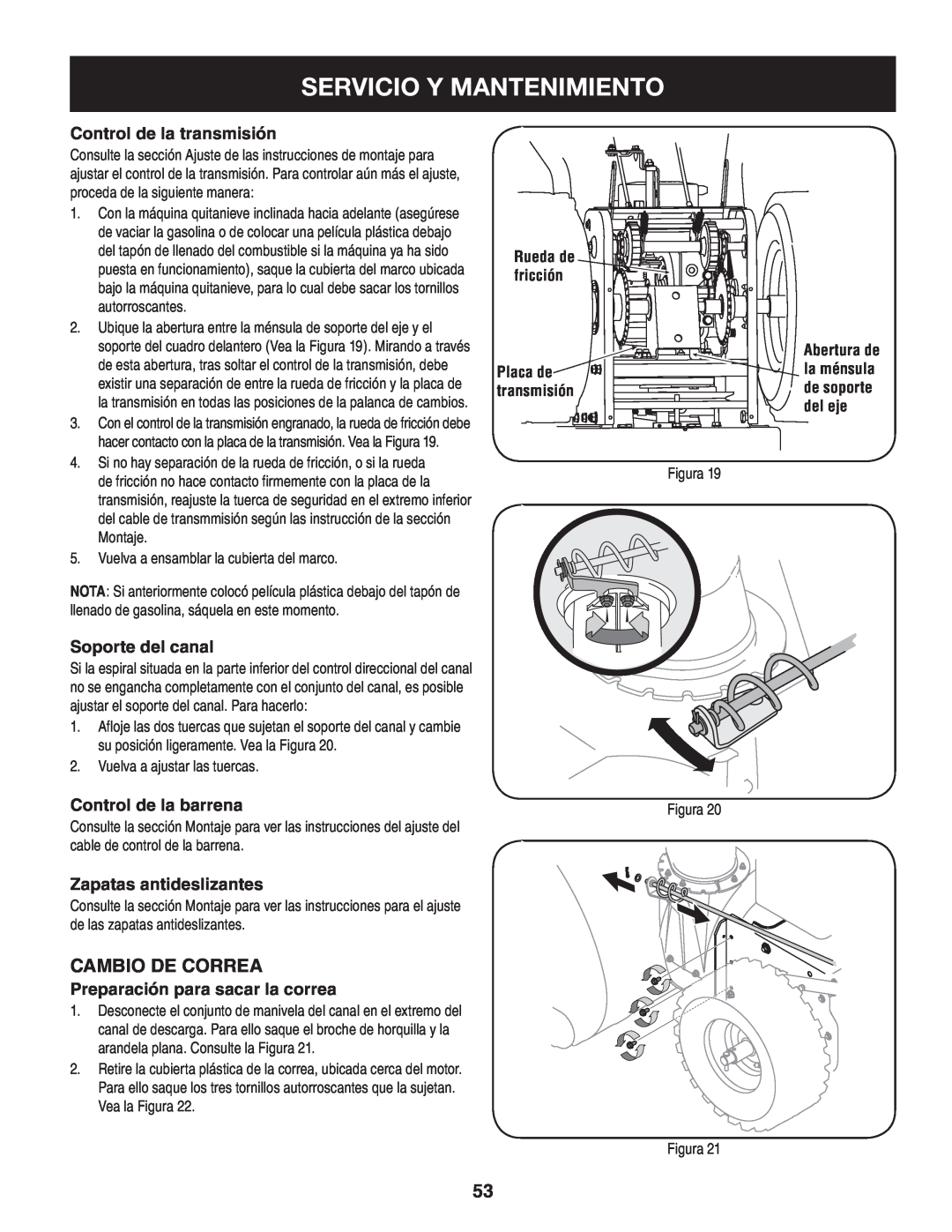 Craftsman 247.88045 manual Servicio Y Mantenimiento, Cambio de correa, Control de la transmisión, Soporte del canal 