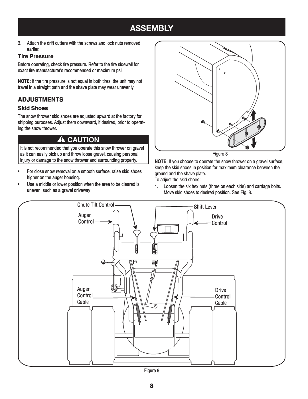 Craftsman 247.88045 manual Assembly, Adjustments, Tire Pressure, Skid Shoes 