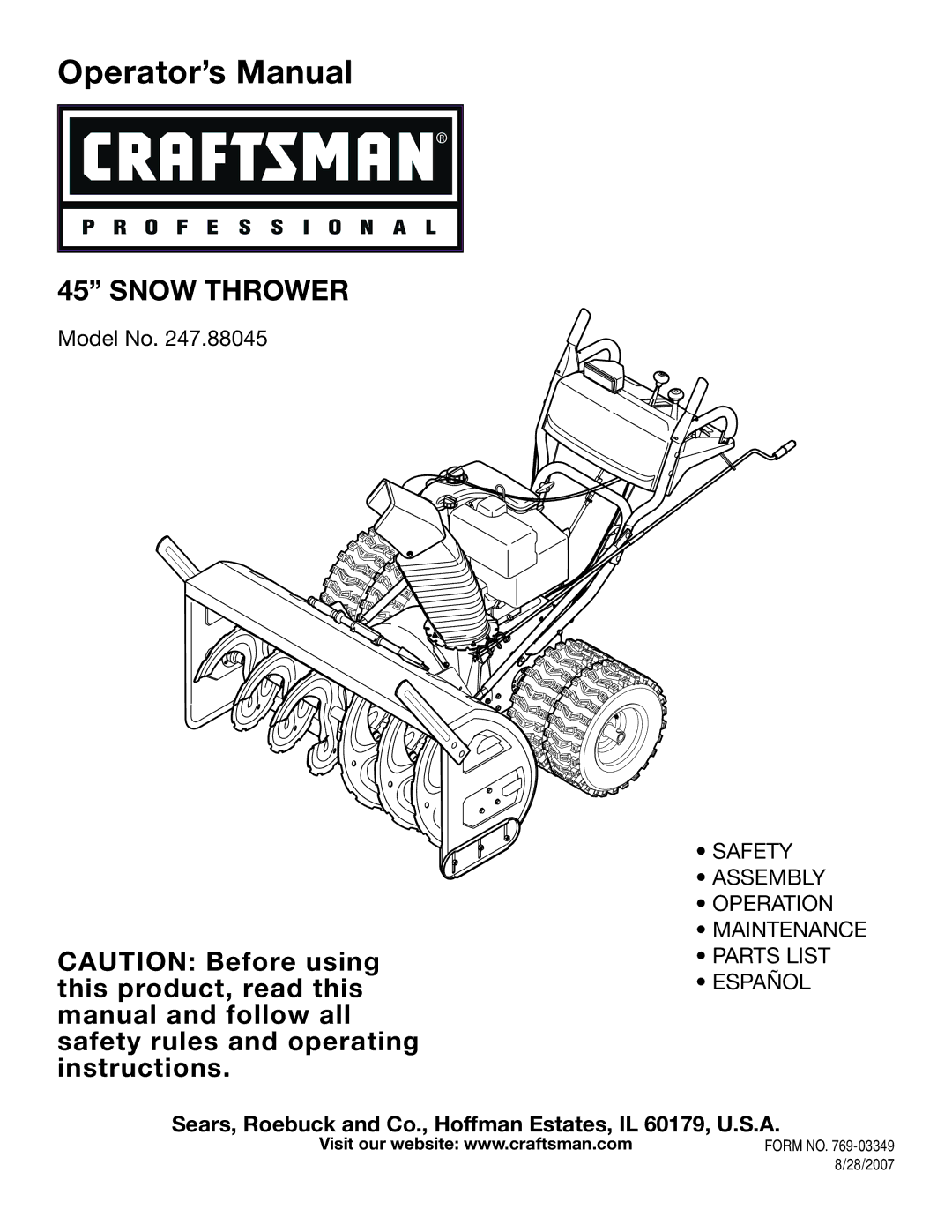 Craftsman 247.88045 manual Form no, 28/2007 