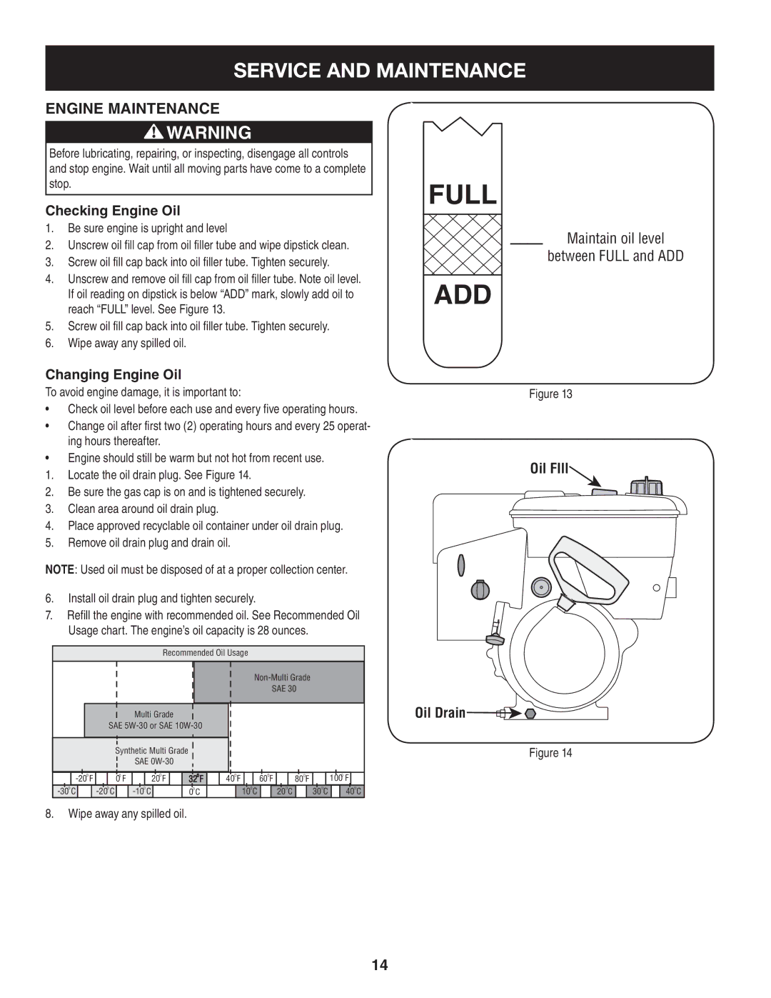 Craftsman 247.88045 manual Service and Maintenance, Checking Engine Oil, Changing Engine Oil, Oil FIll Oil Drain 