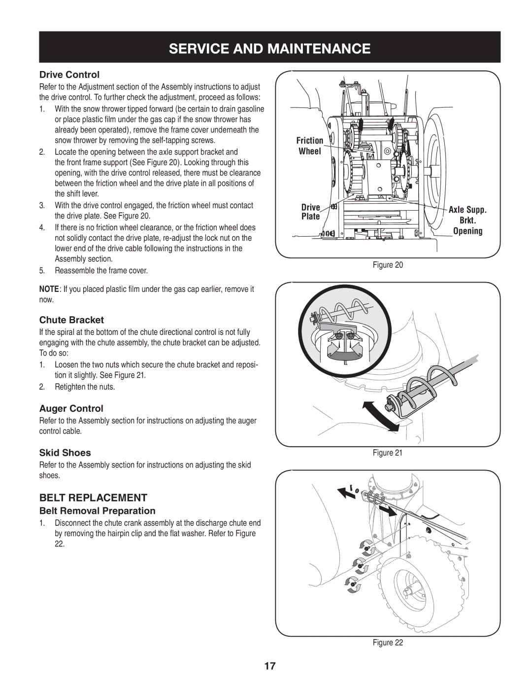 Craftsman 247.88045 manual Belt replacement, Drive Control, Chute Bracket, Auger Control, Belt Removal Preparation 