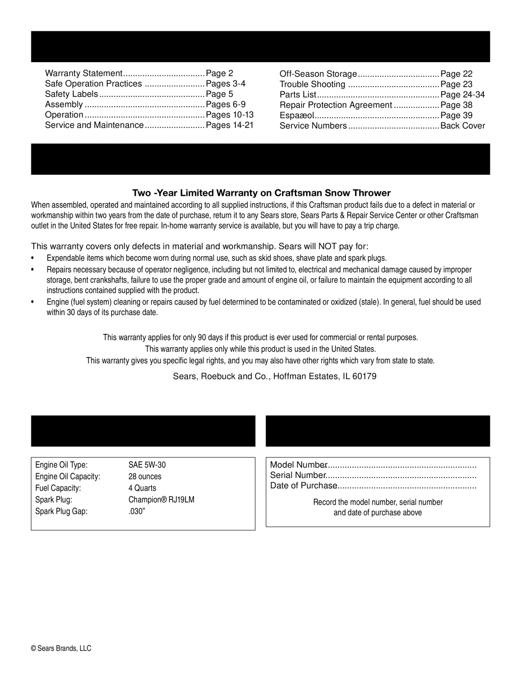 Craftsman 247.88045 manual Table of Contents, Warranty Statement, Product Specifications Model Number 