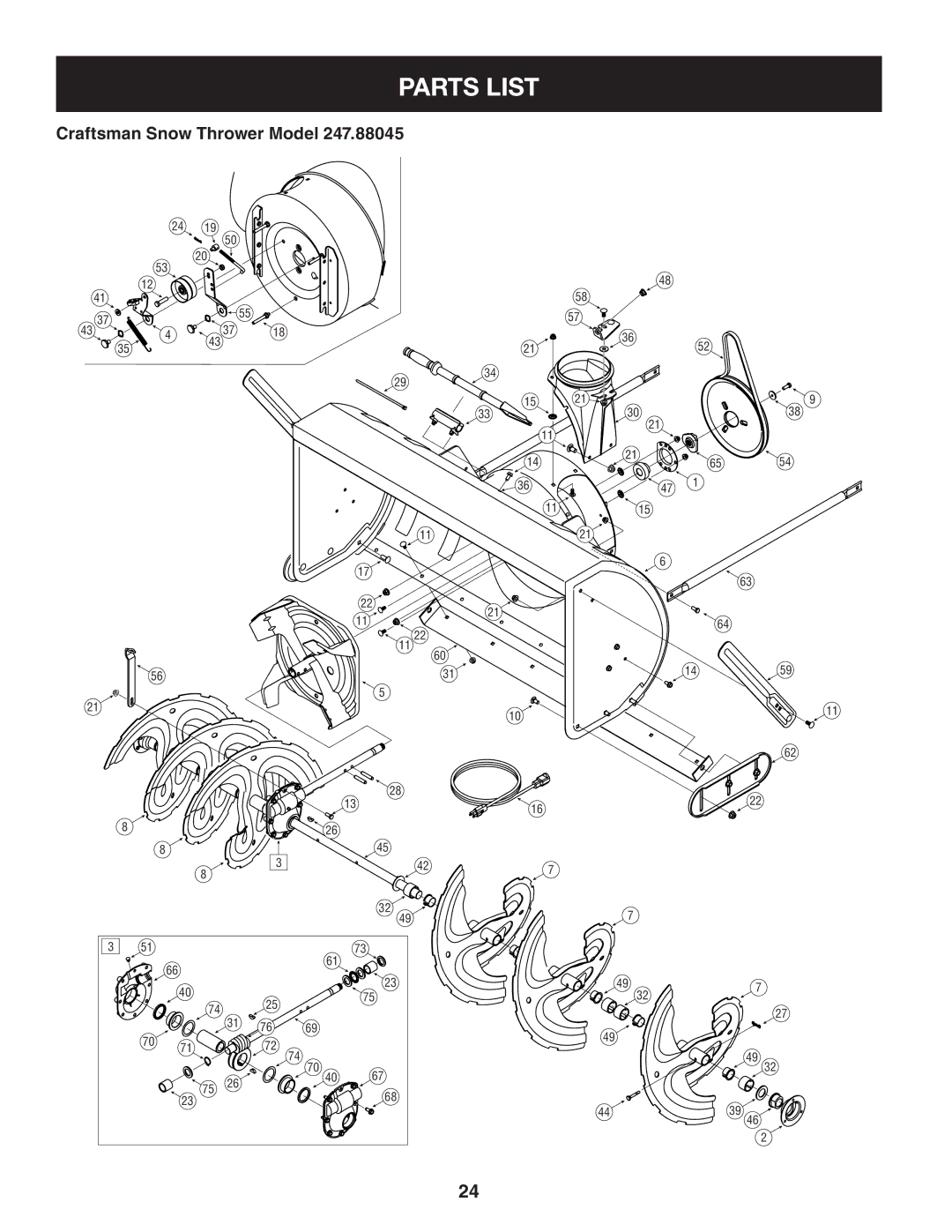 Craftsman 247.88045 manual Parts List, Craftsman Snow Thrower Model 