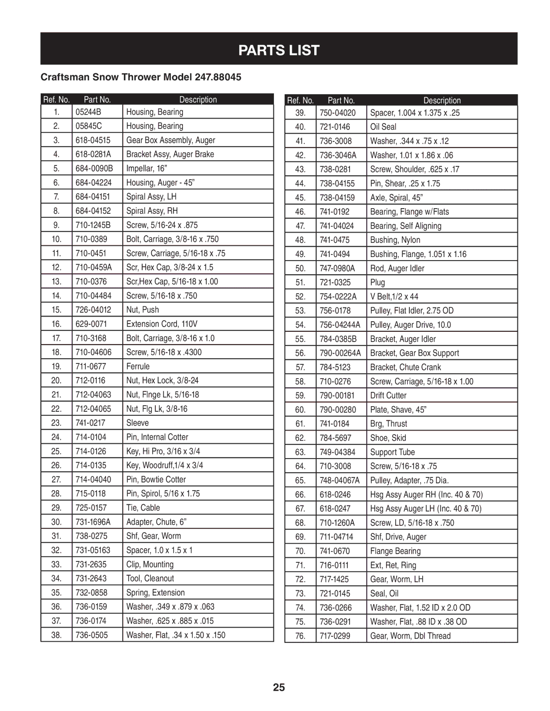 Craftsman 247.88045 manual Housing, Auger 684-04151, 39 -04020 Spacer, 1.004 x 1.375 x 721-0146 