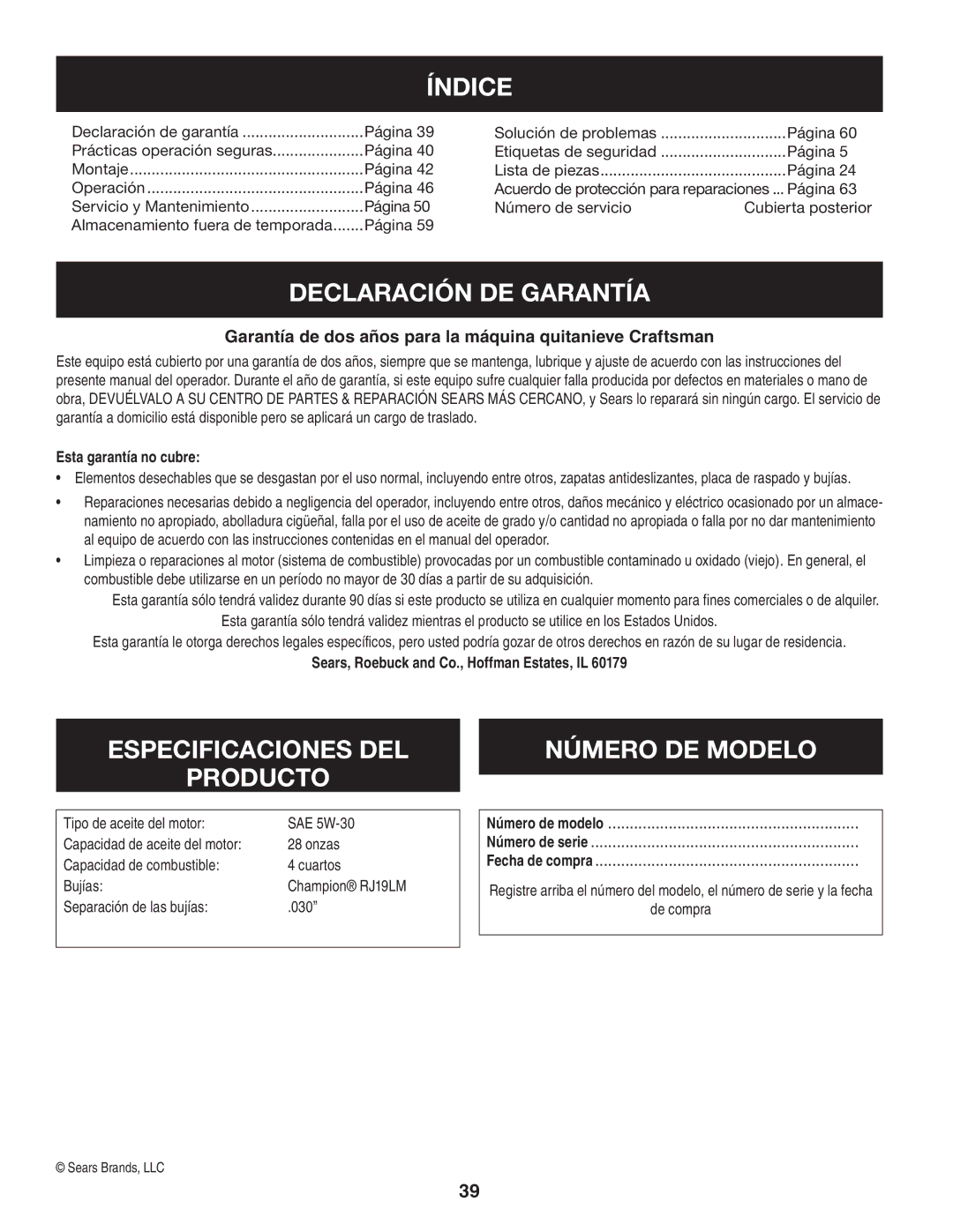 Craftsman 247.88045 manual Índice, Declaración DE Garantía, Especificaciones DEL Producto, Número DE Modelo 