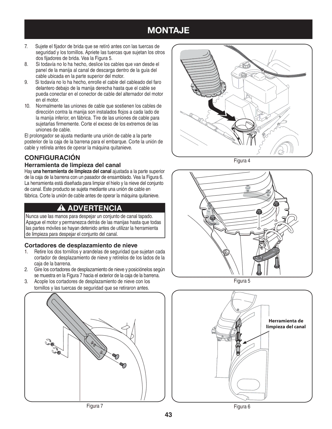 Craftsman 247.88045 manual Configuración, Herramienta de limpieza del canal, Cortadores de desplazamiento de nieve 