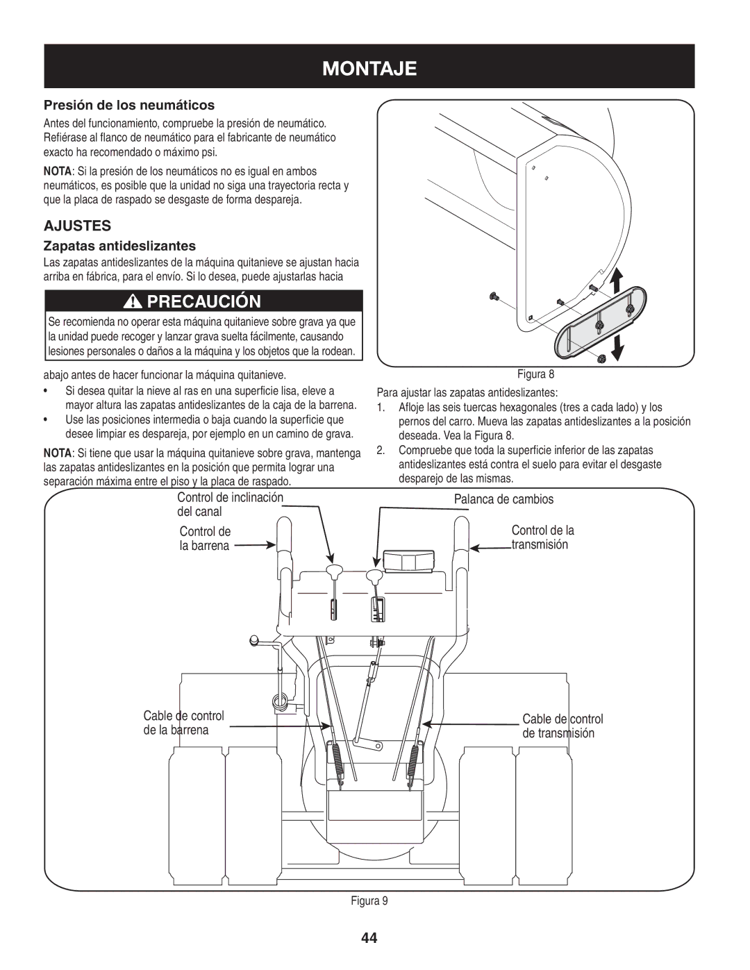 Craftsman 247.88045 manual Ajustes, Presión de los neumáticos, Zapatas antideslizantes 