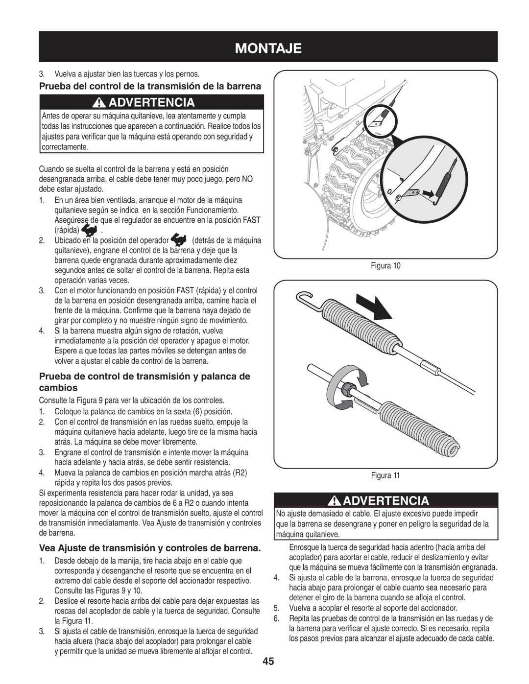 Craftsman 247.88045 Prueba del control de la transmisión de la barrena, Vea Ajuste de transmisión y controles de barrena 