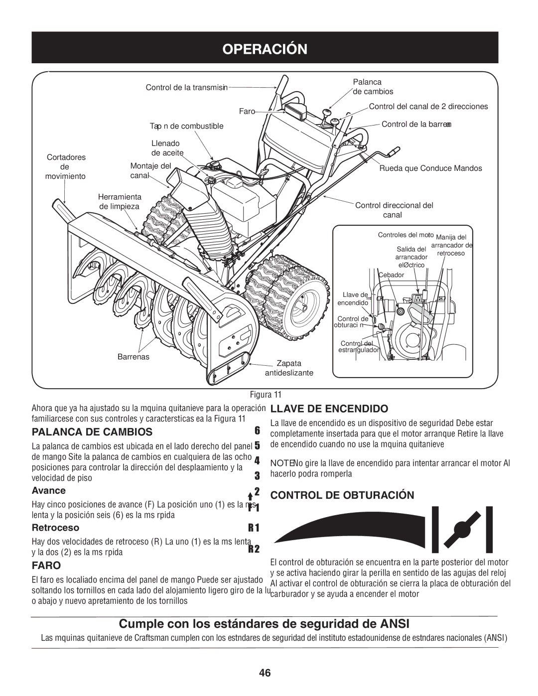 Craftsman 247.88045 manual Operación, Palanca de cambios, Llave de encendido, Faro, Control de obturación 