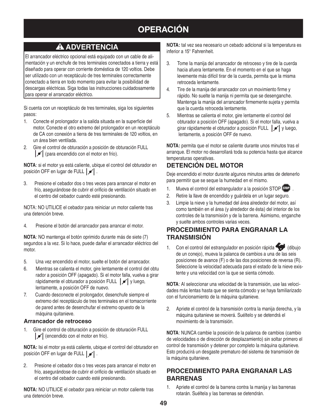 Craftsman 247.88045 manual Detención del motor, Procedimiento para engranar la transmisión, Arrancador de retroceso 