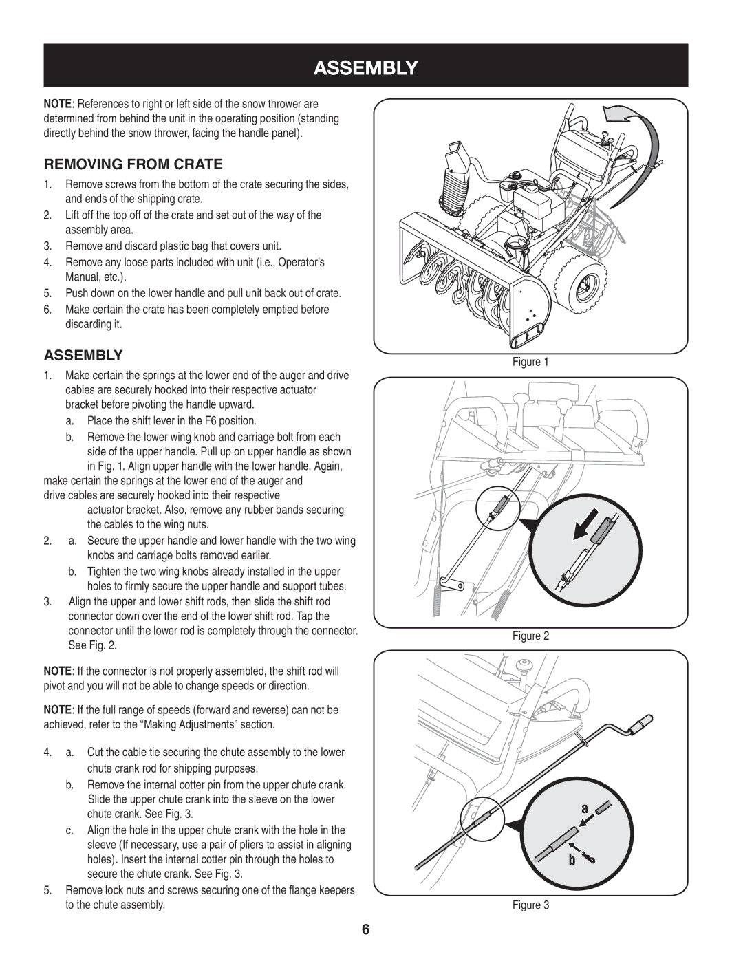 Craftsman 247.88045 manual Assembly, Removing From Crate, Place the shift lever in the F6 position 