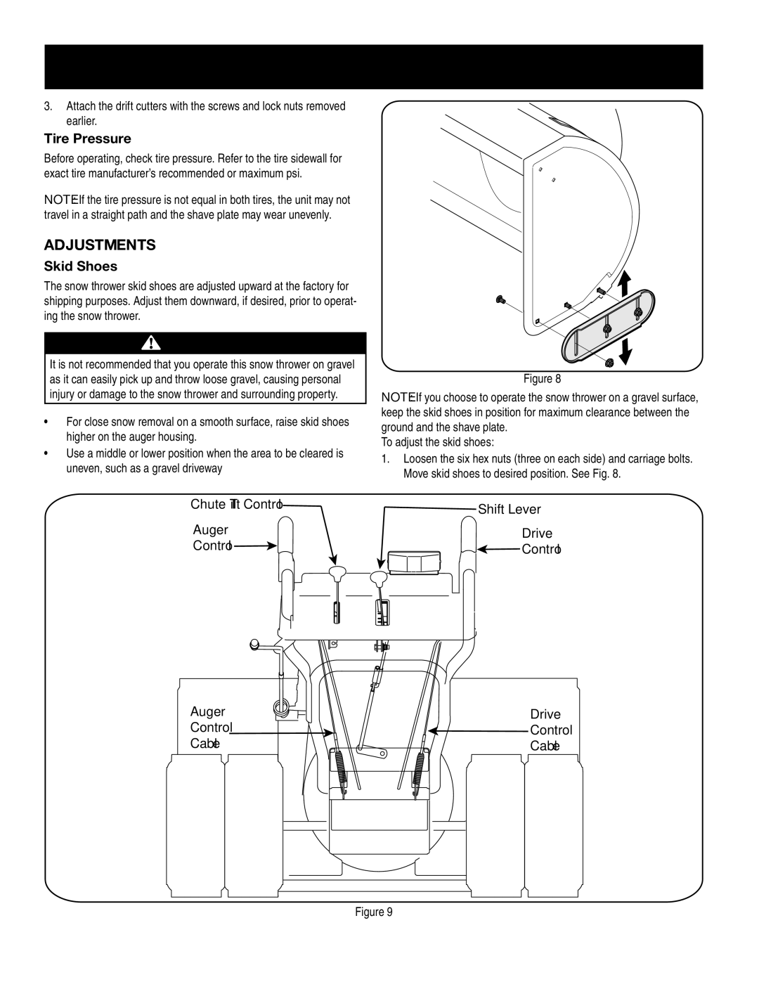 Craftsman 247.88045 manual Adjustments, Tire Pressure, Skid Shoes, Control 