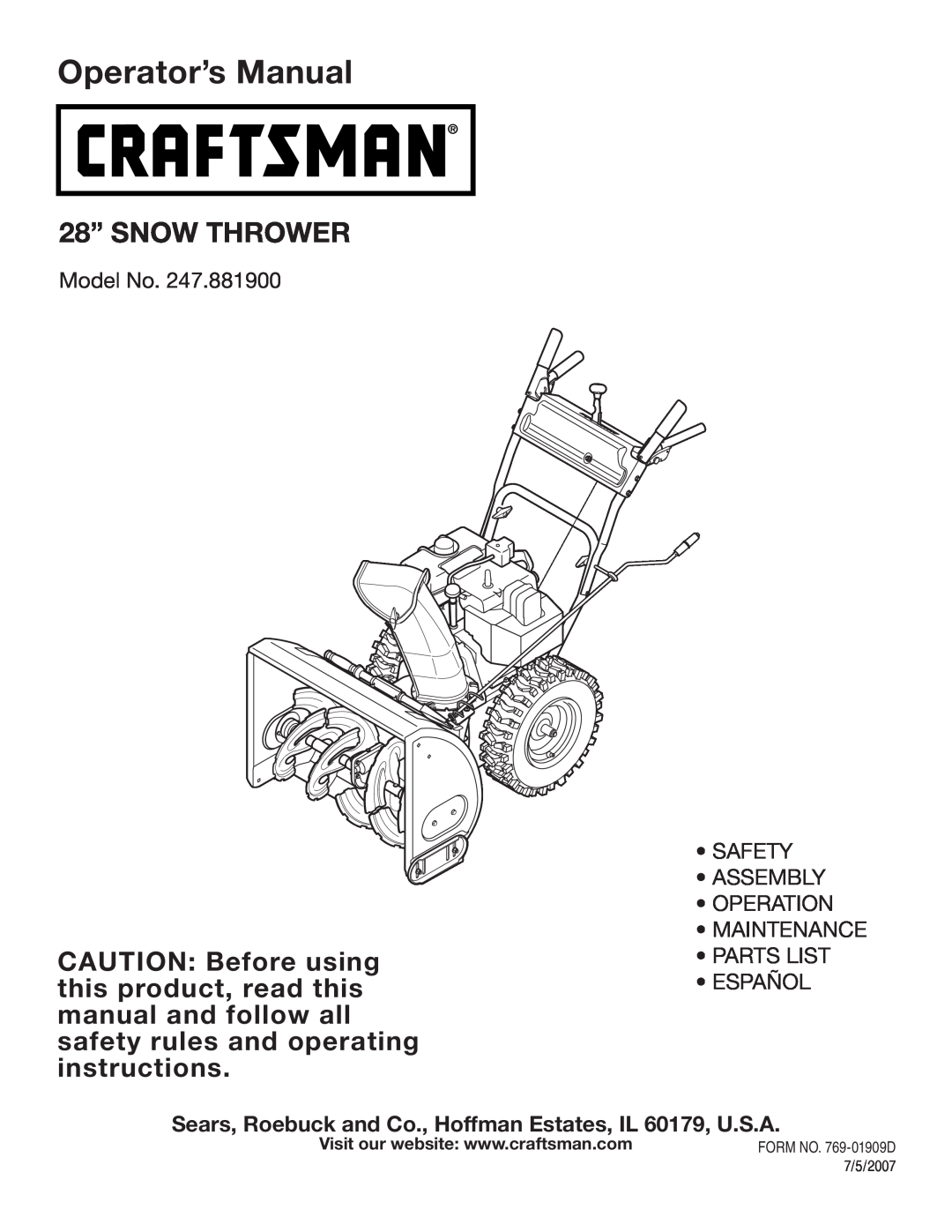 Craftsman 247.8819 operating instructions Operator’s Manual, 28” SNOW THROWER 