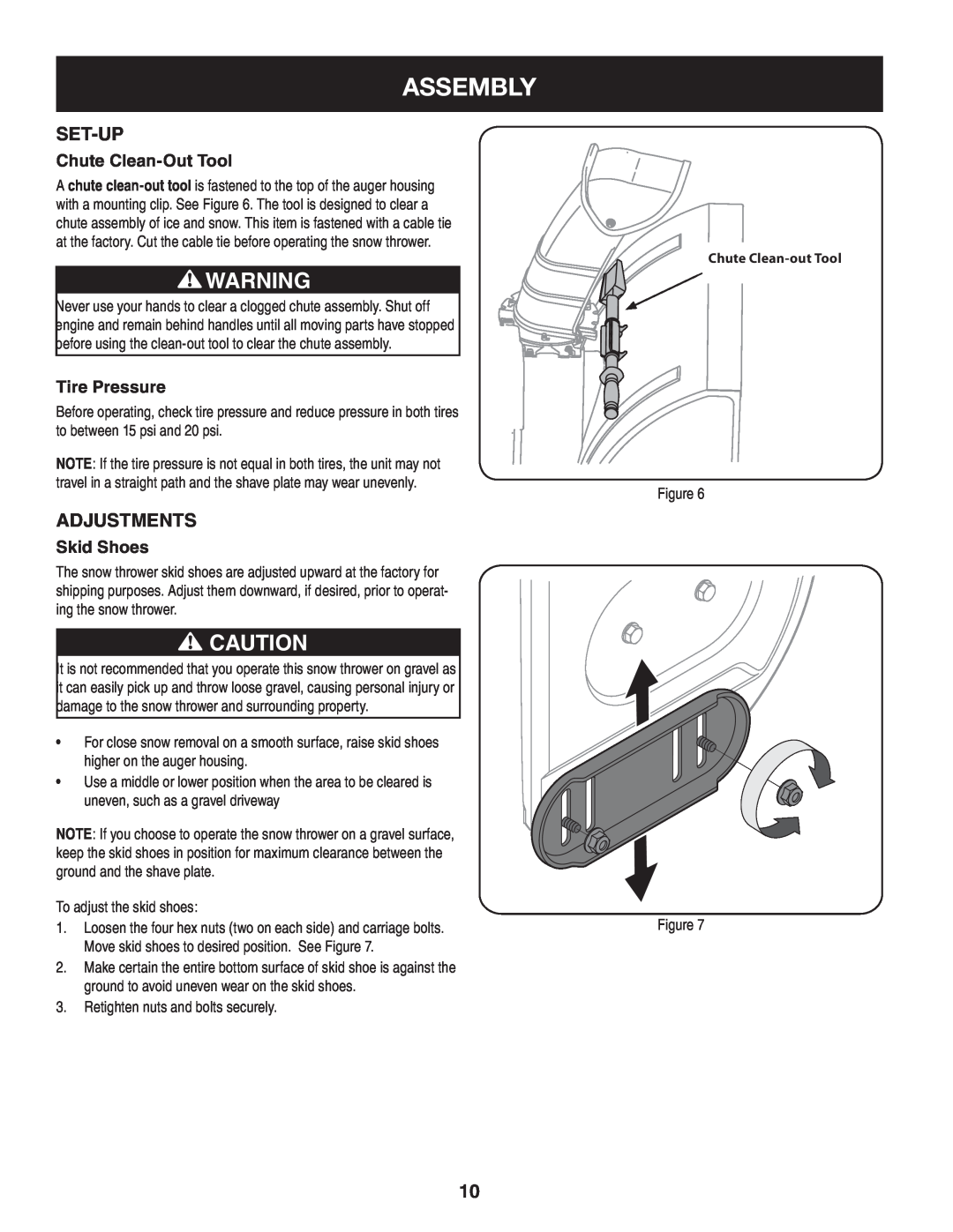 Craftsman 247.8819 operating instructions Assembly, Set-Up, Adjustments, Chute Clean-OutTool, Tire Pressure, Skid Shoes 