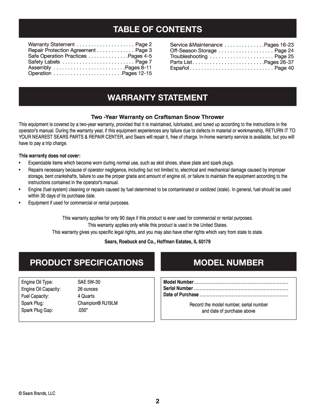 Craftsman 247.8819 operating instructions Table Of Contents, Warranty Statement, Product Specifications, Model Number 