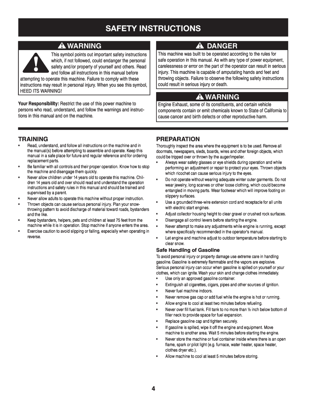Craftsman 247.8819 operating instructions Safety Instructions, Danger, Training, Preparation 