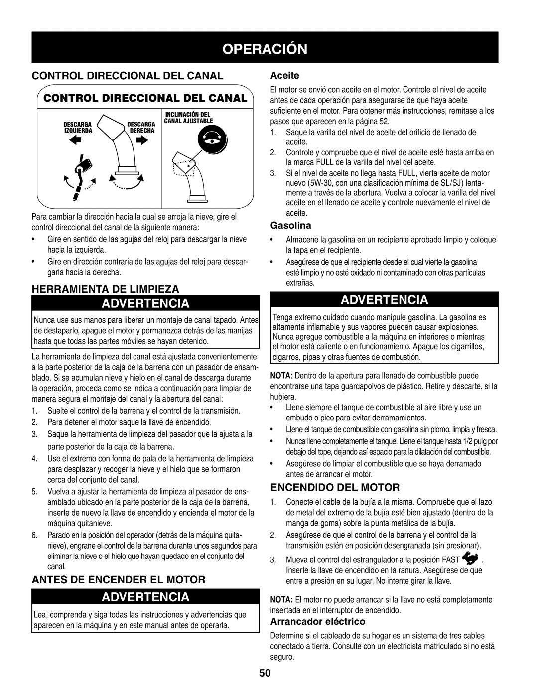 Craftsman 247.8819 Operación, Advertencia, Control direccional del canal, Control Direccional Del Canal, Aceite, Gasolina 