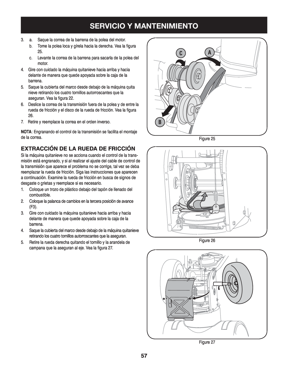Craftsman 247.8819 operating instructions Servicio Y Mantenimiento, C A B, Extracción de la rueda de fricción 