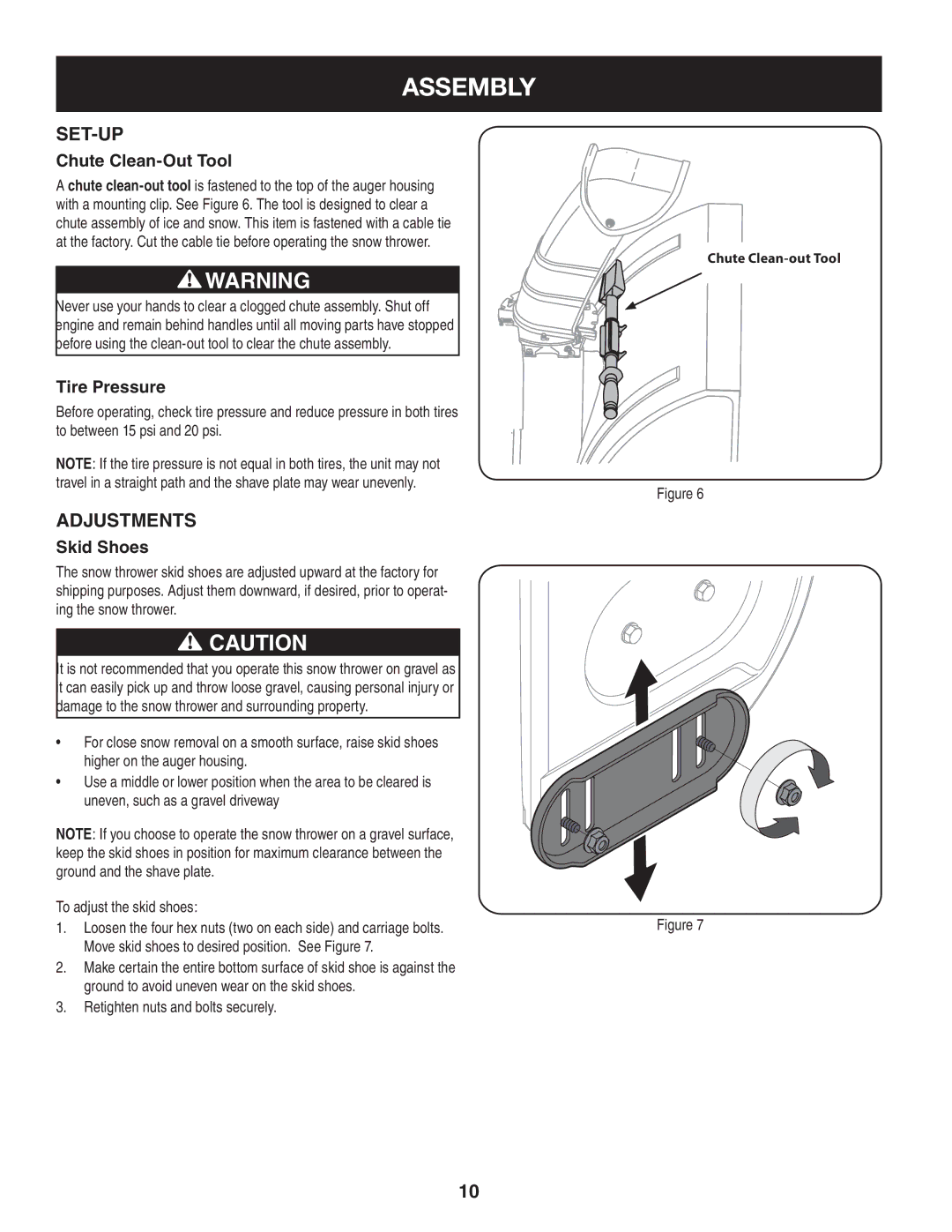 Craftsman 247.8819 operating instructions Set-Up, Adjustments, Chute Clean-Out Tool, Tire Pressure, Skid Shoes 