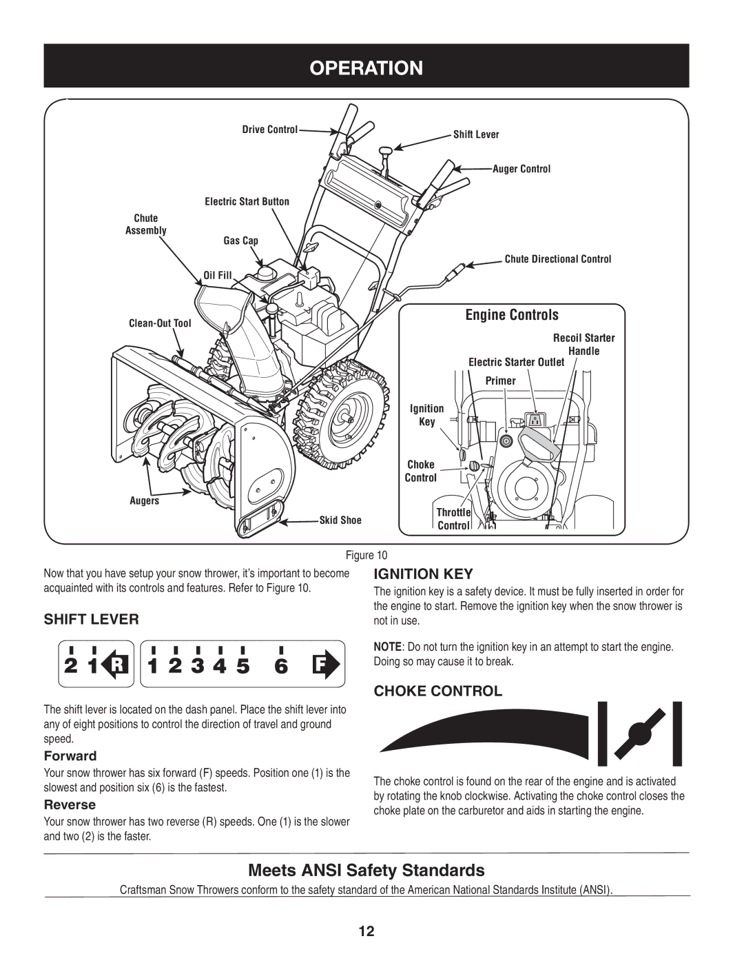 Craftsman 247.8819 operating instructions Operation, Engine Controls, Shift Lever Ignition Key, Choke Control 