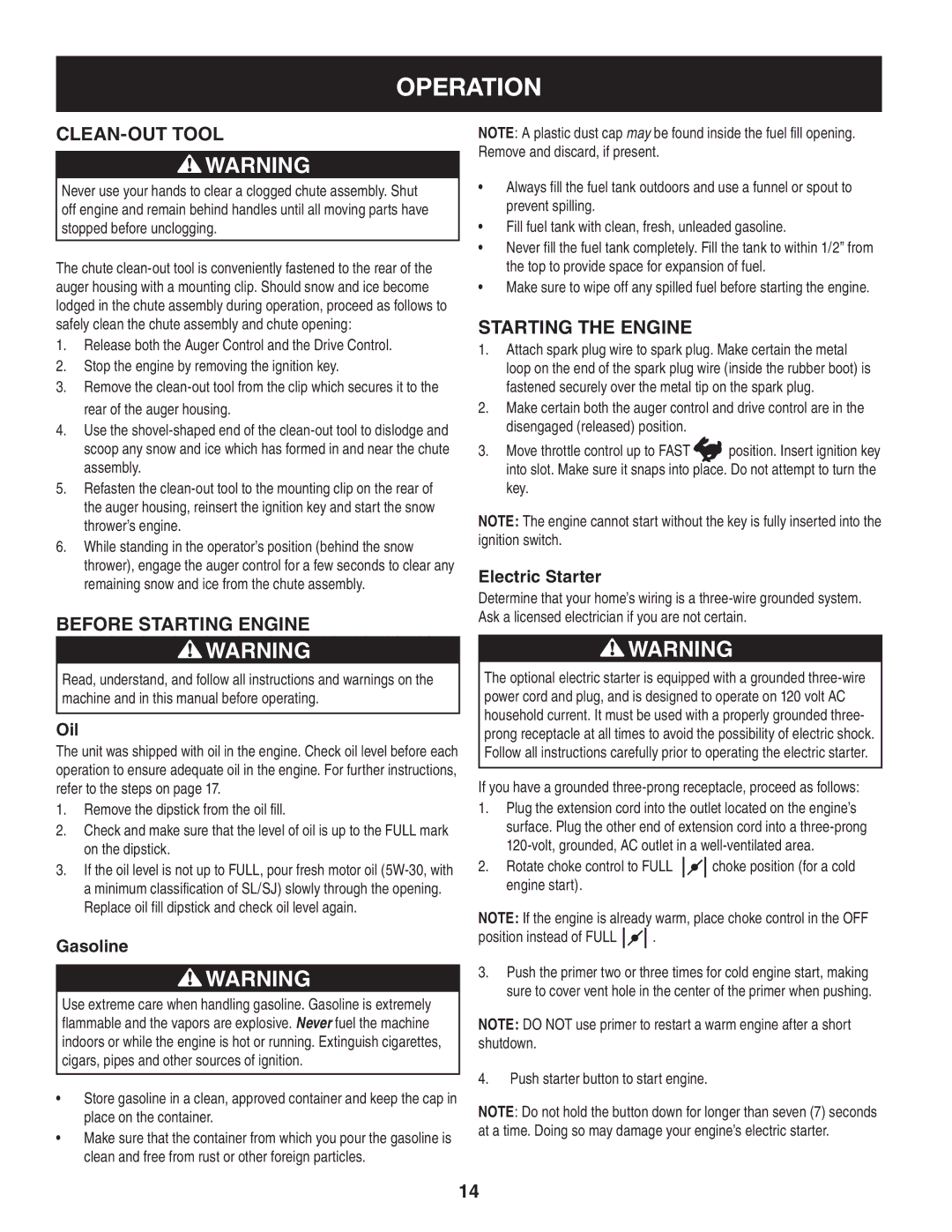 Craftsman 247.8819 operating instructions Clean-Out Tool, Before Starting Engine, Starting The Engine 