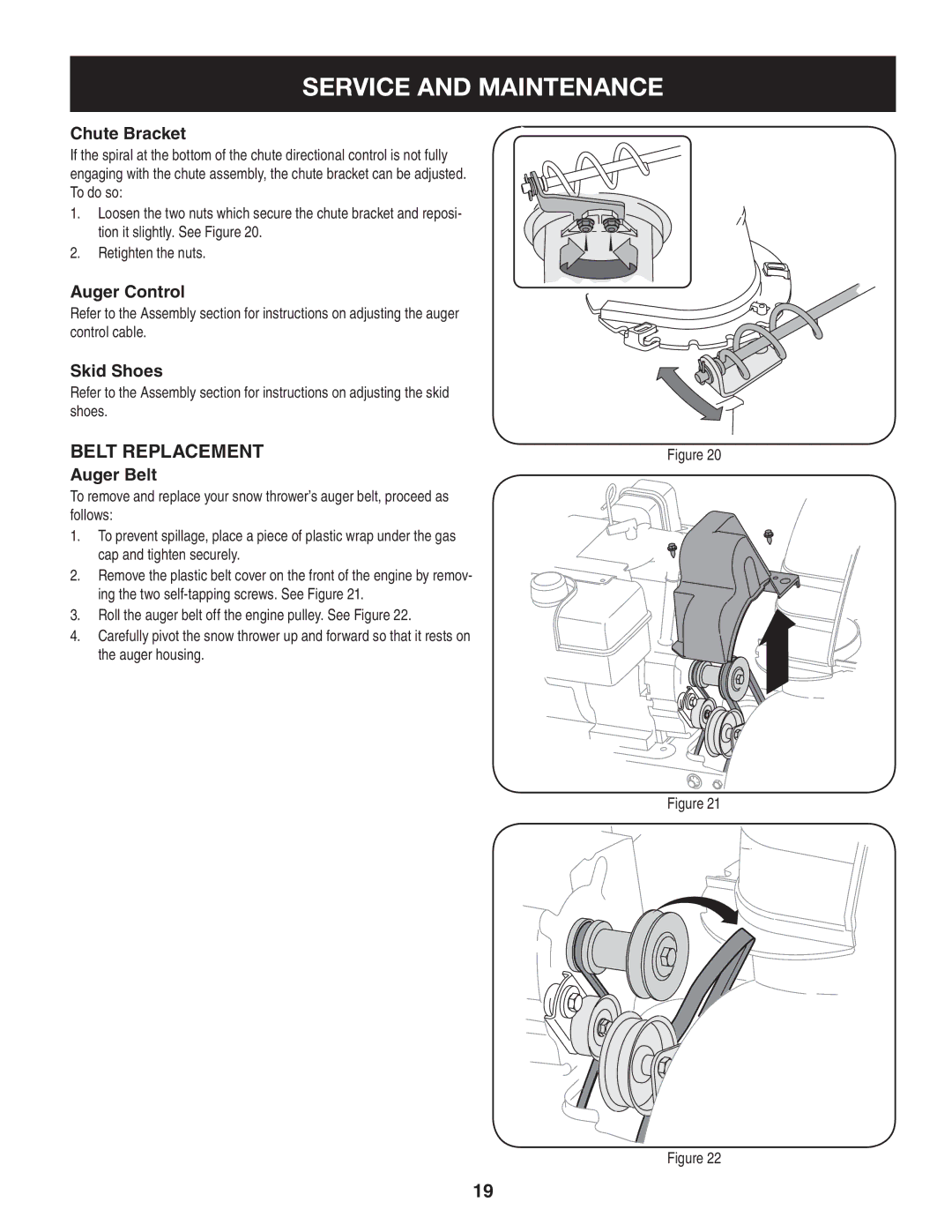 Craftsman 247.8819 operating instructions Belt Replacement, Chute Bracket, Auger Belt 