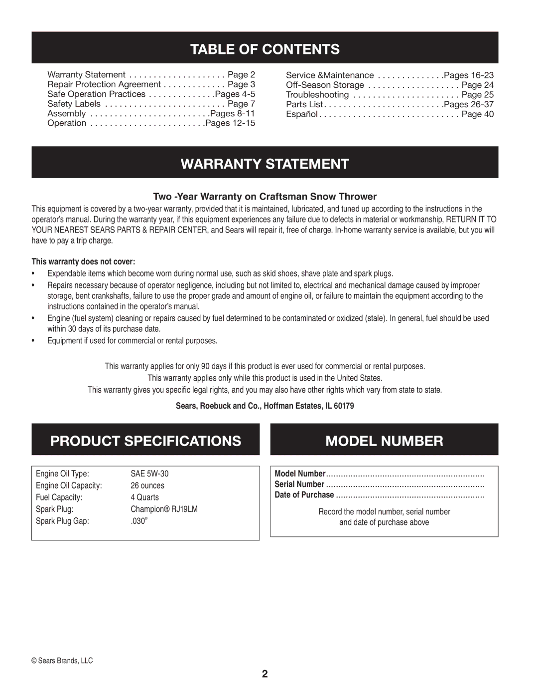 Craftsman 247.8819 operating instructions Table of Contents, Warranty Statement, Product Specifications Model Number 