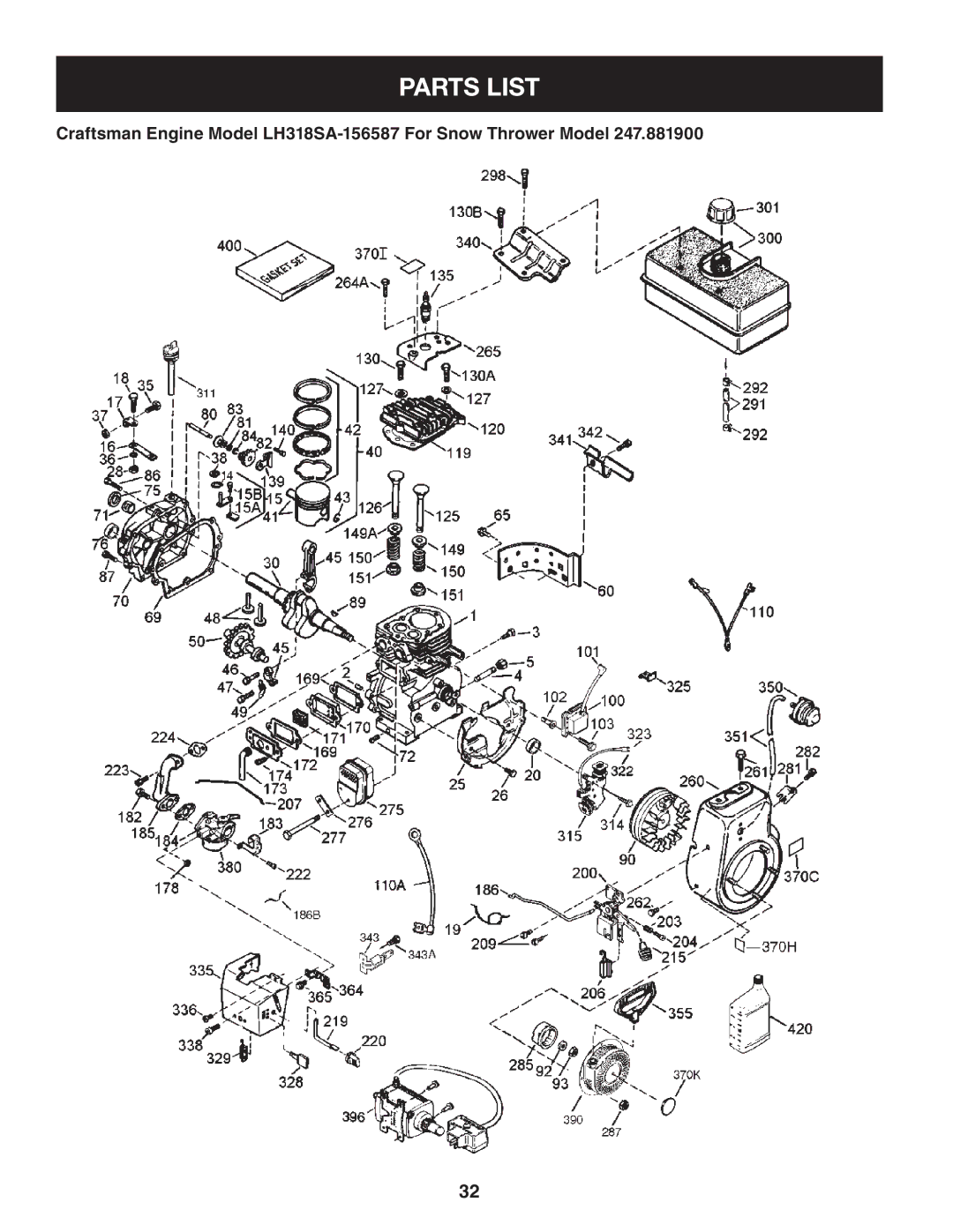 Craftsman 247.8819 operating instructions Craftsman Engine Model LH318SA-156587 For Snow Thrower Model 