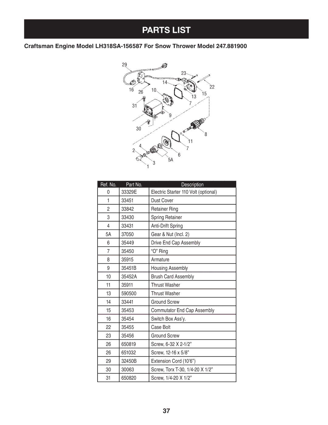 Craftsman 247.8819 Electric Starter 110 Volt optional, Gear & Nut Incl 35449, 35450, Armature, Housing Assembly 