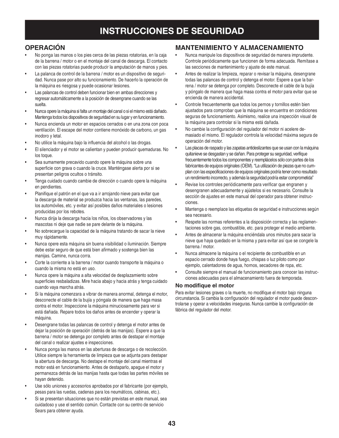 Craftsman 247.8819 operating instructions Operación, Mantenimiento y almacenamiento 