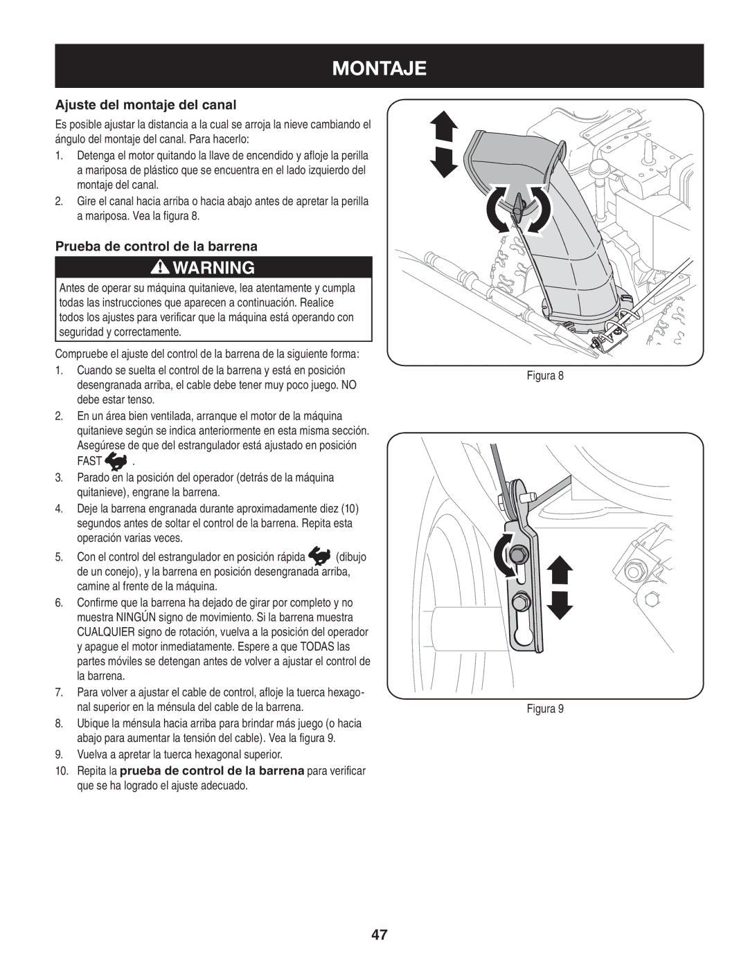 Craftsman 247.8819 operating instructions Ajuste del montaje del canal, Prueba de control de la barrena 