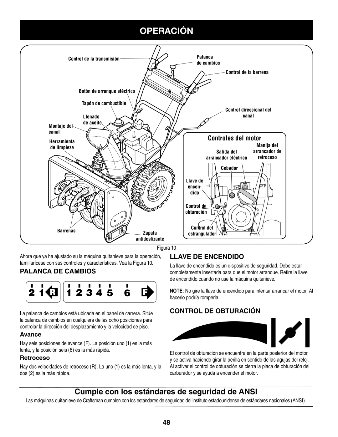 Craftsman 247.8819 Operación, Controles del motor, Palanca de cambios, Llave de encendido, Control de obturación 