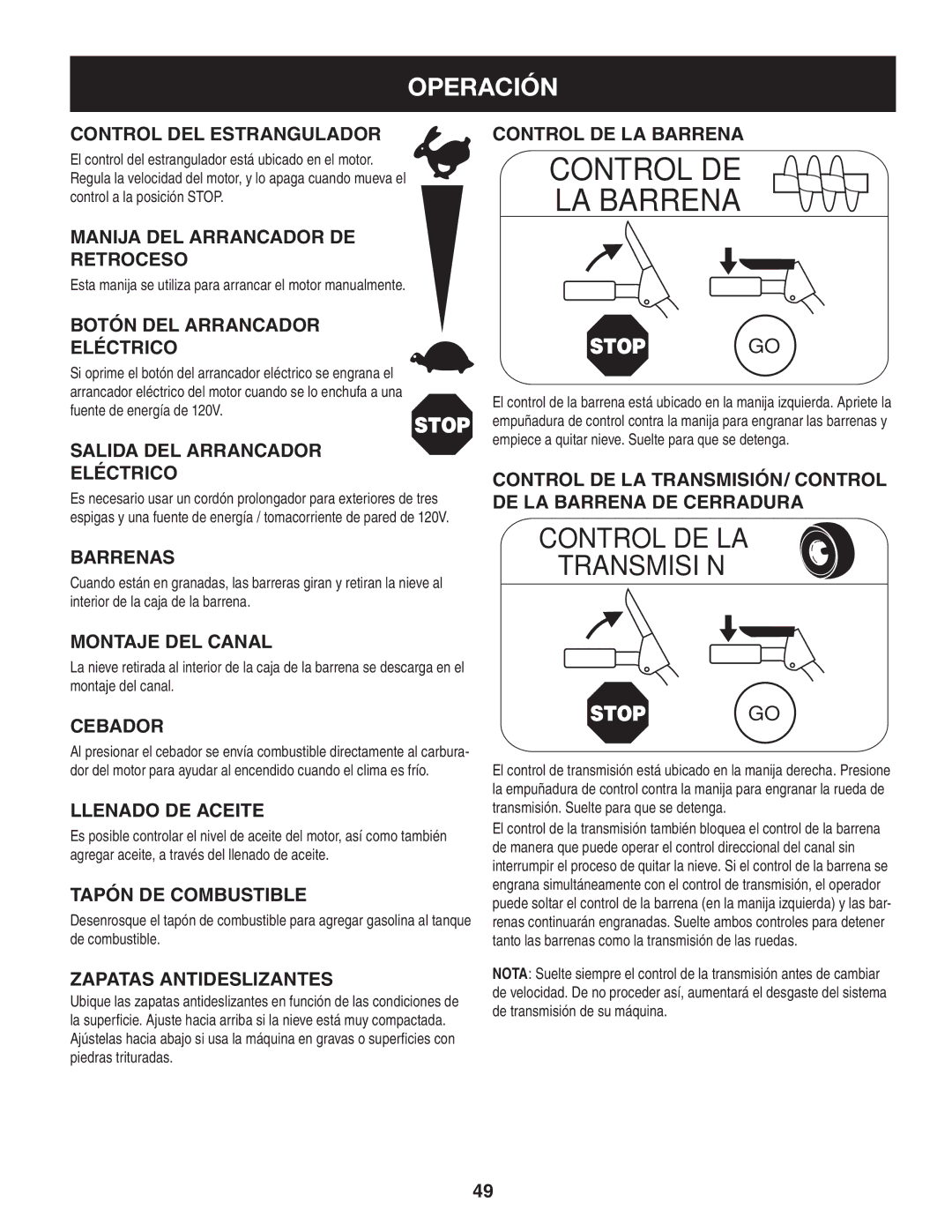 Craftsman 247.8819 Control del estrangulador, Manija del arrancador de retroceso, Botón del arrancador eléctrico, Barrenas 